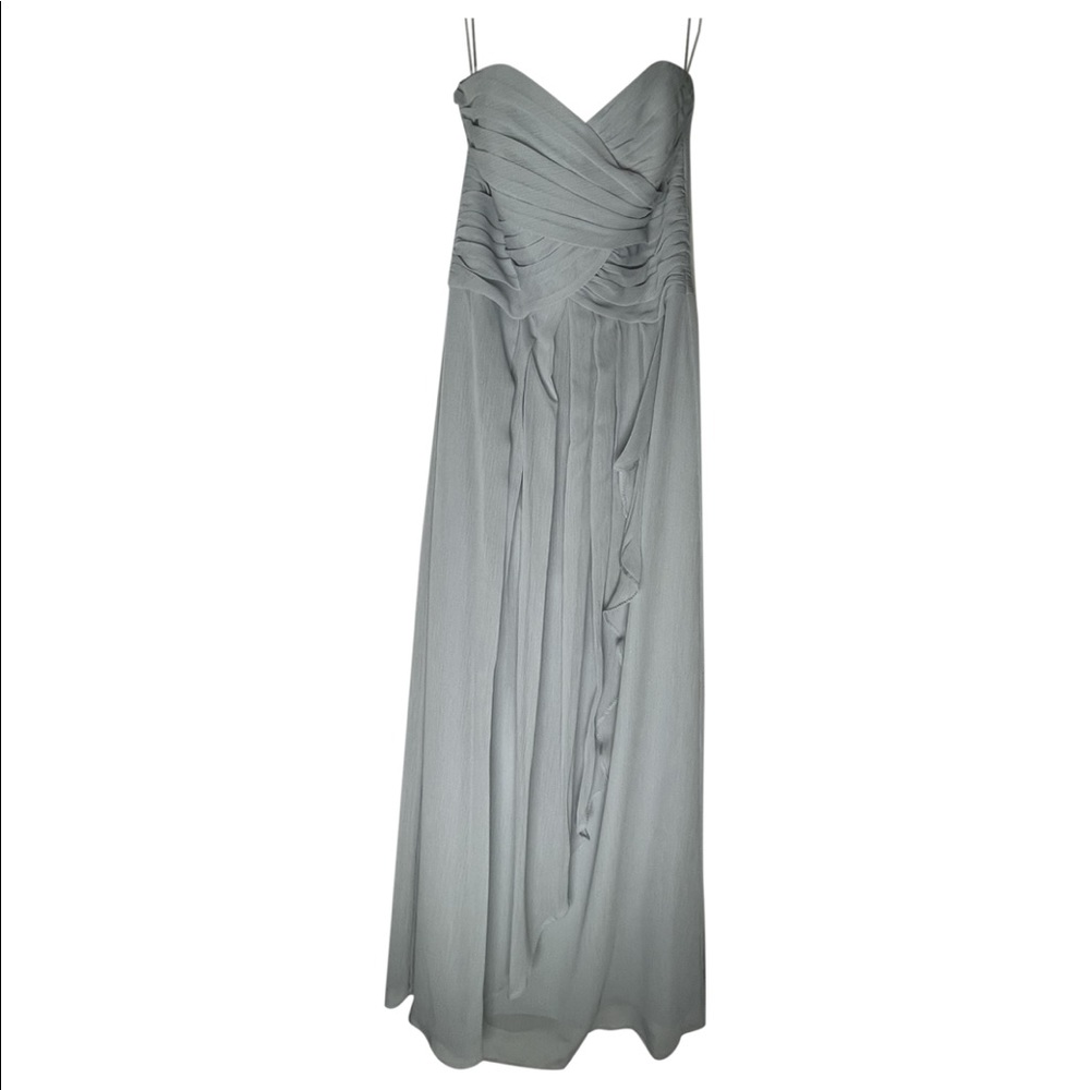 “Mystic” gray, strapless, sweetheart style bridesmaid dress. Size 4. Polyester.